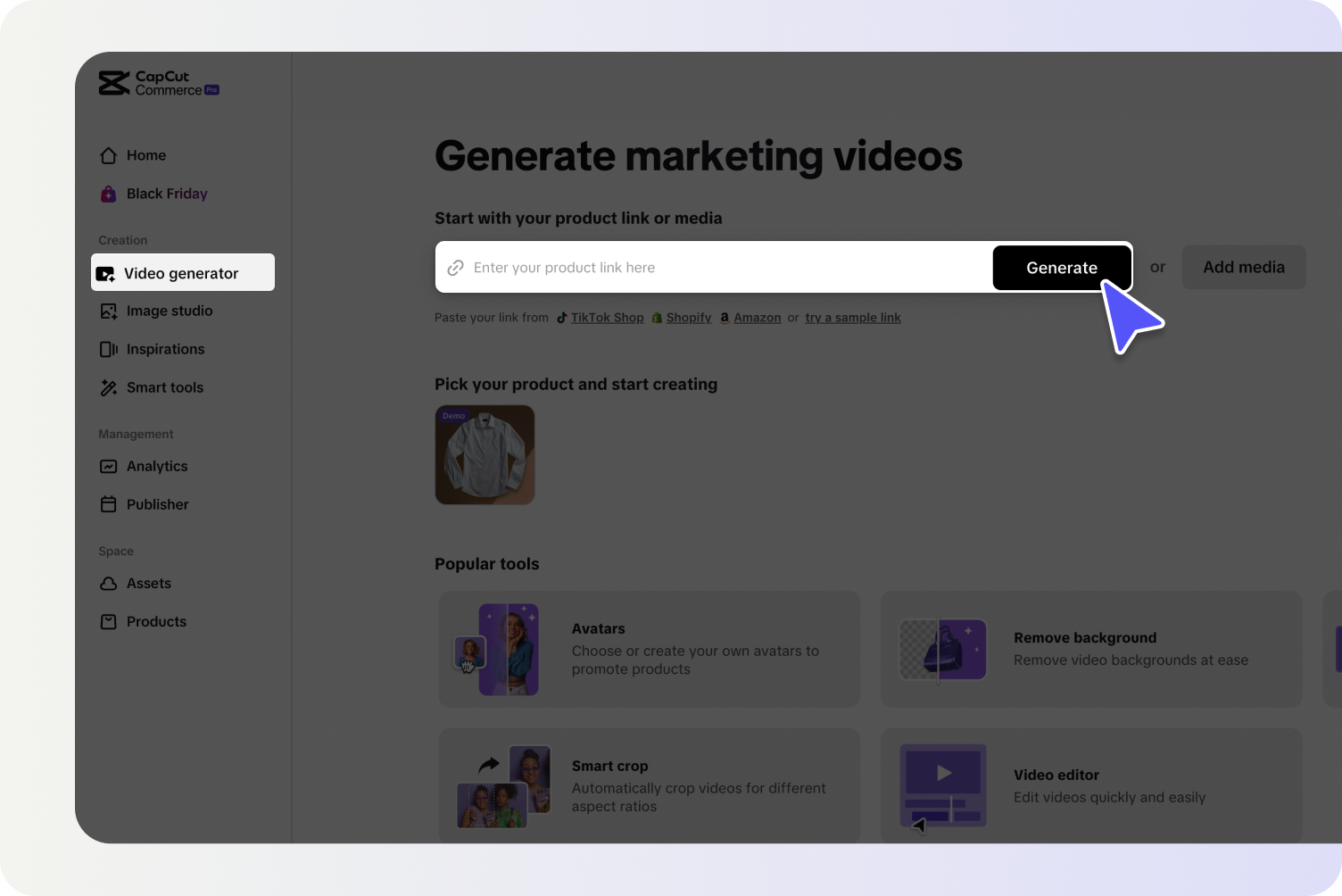 Navigate to the "Video generator" section